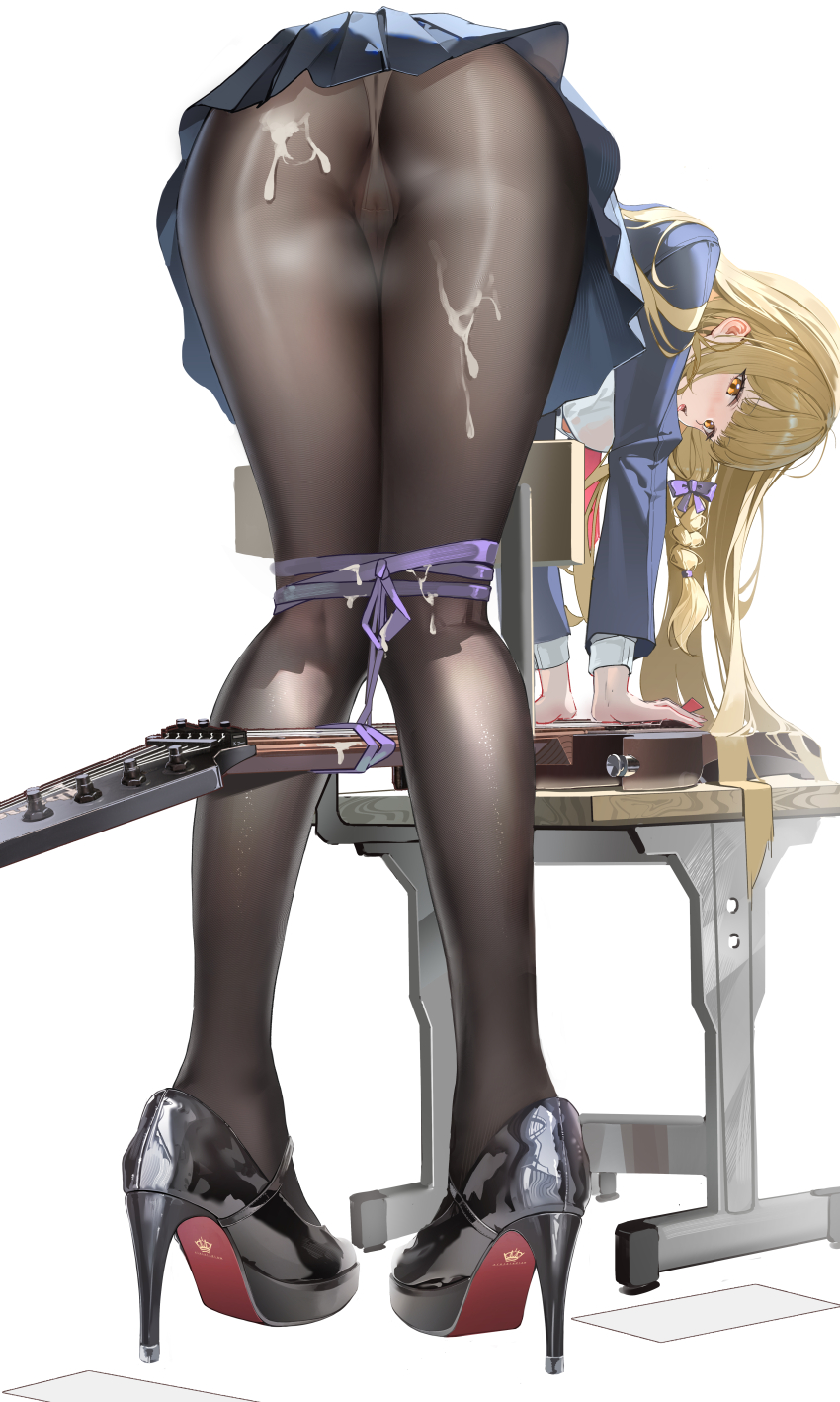 1girl absurdres bent_over black_footwear black_pantyhose blazer blonde_hair blue_jacket blue_skirt blunt_bangs blush bound bound_knees bow braid chair colored_shoe_soles commentary electric_guitar from_behind fujita_kotone full_body gakuen_idolmaster guitar hair_bow high_heels highres holding holding_plectrum huade_xiami idolmaster instrument jacket kneepits knees_together_feet_apart legs long_hair looking_at_viewer mary_janes miniskirt open_mouth orange_eyes panties pantyhose pleated_skirt plectrum pumps purple_bow pussy school_chair school_uniform see-through_clothes see-through_panties shiny_footwear shoe_soles shoes simple_background skirt solo stiletto_heels suggestive_fluid tongue tongue_out underwear variant_set white_background white_panties