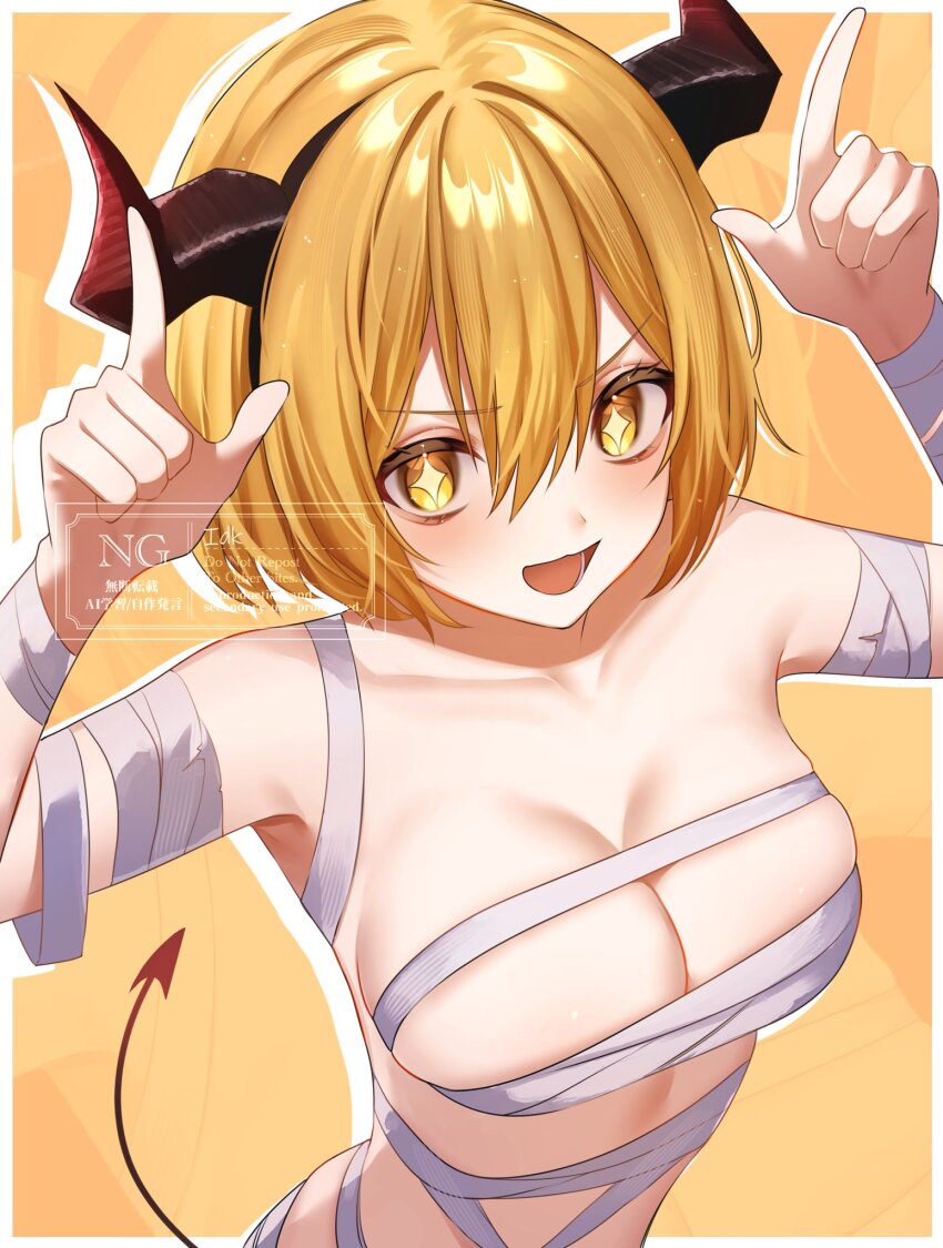 1girl arms_up bandaged_arm bandaged_chest bandages blonde_hair demon_girl demon_horns demon_tail don_quixote_(project_moon) highres horns horns_pose limbus_company looking_at_viewer mummy_costume open_mouth project_moon short_hair simple_background smile sohdvh_khos_ph solo sparkling_eyes tail yellow_background yellow_eyes