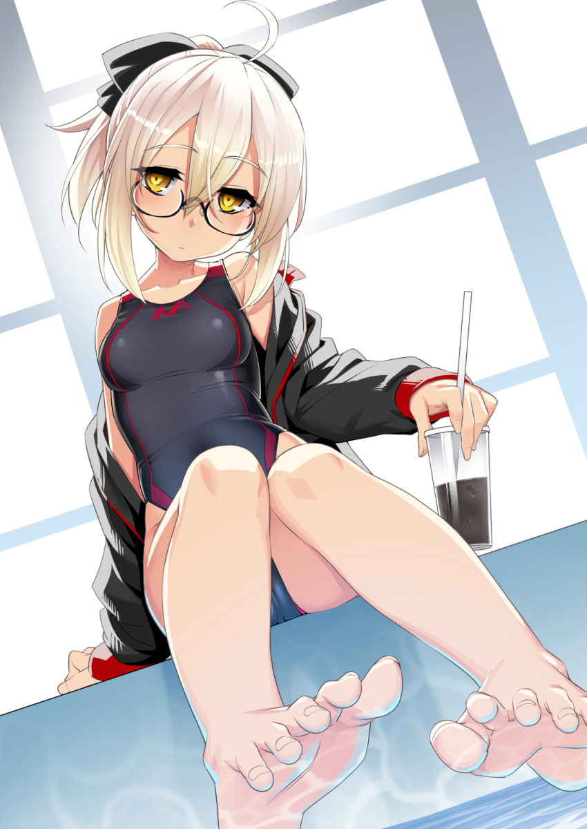 1girl aged_down ahoge artoria_pendragon_(fate) bare_shoulders barefoot black_jacket black_one-piece_swimsuit blonde_hair blush bow breasts cup drinking_straw fate/grand_order fate_(series) feet hair_between_eyes hair_bow highres jacket long_hair long_sleeves looking_at_viewer mysterious_heroine_x_alter_(fate) namonashi off_shoulder one-piece_swimsuit ponytail pool poolside sidelocks small_breasts swimsuit thighs yellow_eyes