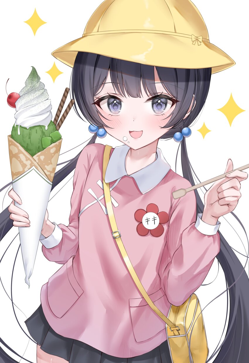 1girl absurdres black_hair blue_archive blush food hat highres ice_cream kisaki_(blue_archive) long_hair looking_at_viewer pink_shirt shirt simple_background solo spoon twintails twitter wfa5051 white_background yellow_hat