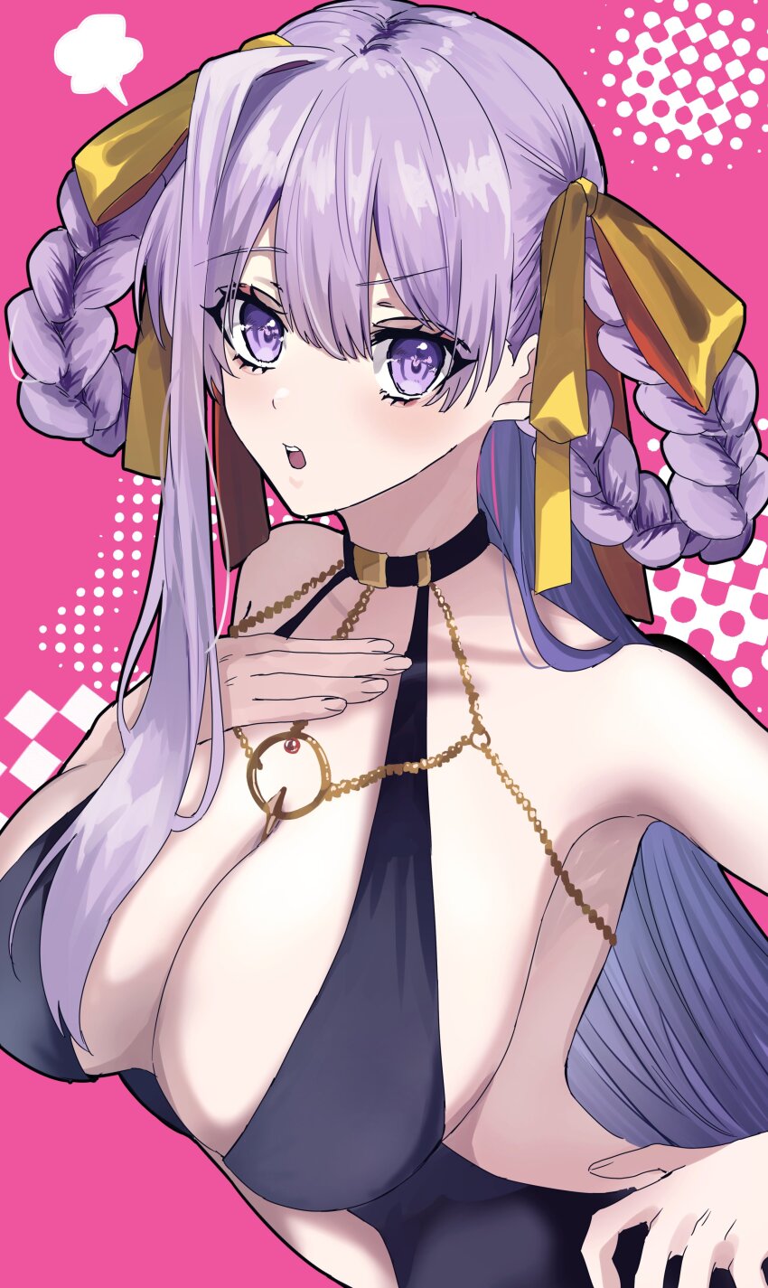 1girl absurdres bare_shoulders bb_(fate) bb_dubai_(fate) black_dress braid braided_hair_rings breasts center_opening cleavage collarbone dress fate/grand_order fate_(series) hair_ribbon hair_rings hand_on_own_chest hand_on_own_hip highres huge_breasts long_hair looking_at_viewer no_bra o-ring open_mouth purple_eyes purple_hair ribbon sakaminesawako sideboob teeth twin_braids upper_teeth_only very_long_hair yellow_ribbon