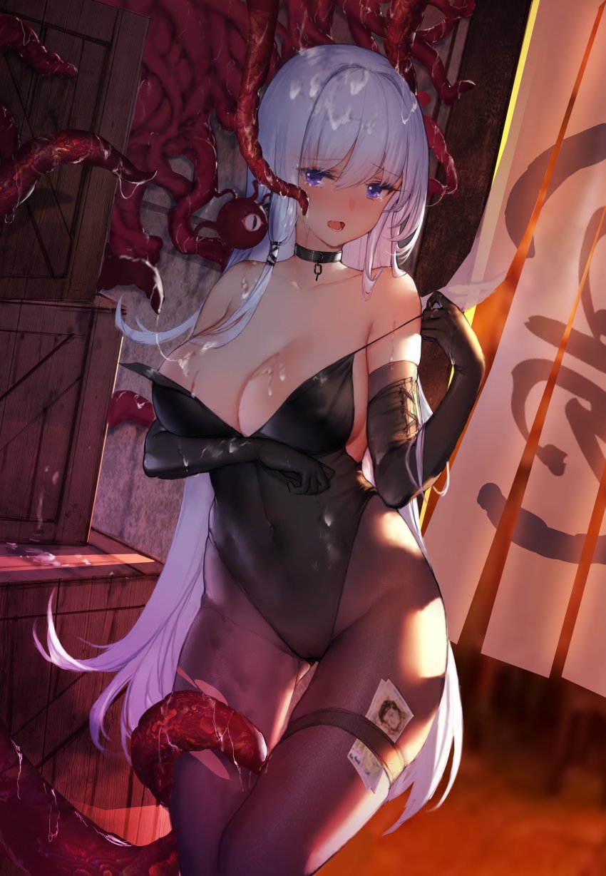 1girl absurdres alternate_costume arm_under_breasts azur_lane bare_shoulders black_gloves black_leotard blue_eyes blush box breasts broken broken_chain chain cleavage collar covered_navel elbow_gloves gloves gluteal_fold highleg highleg_leotard highres indoors large_breasts leotard long_hair metal_collar money open_mouth original pantyhose pound_sign solo swd3e2 tentacles thigh_gap thigh_grab thigh_strap torn_clothes torn_pantyhose very_long_hair white_hair