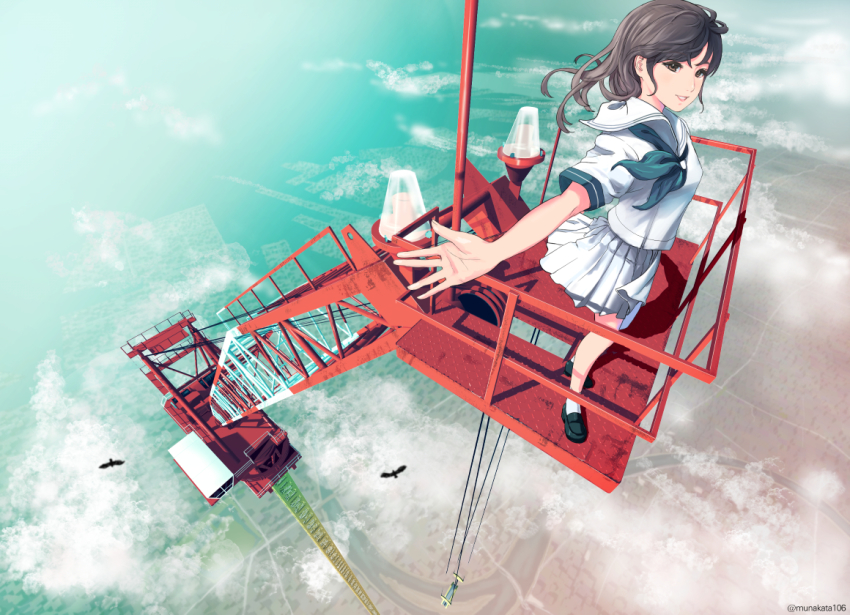 1girl above_clouds bird brown_eyes brown_hair cloud crane_(animal) day female_focus kneehighs loafers long_hair machinery munakata_(hisahige) original outdoors outstretched_arm outstretched_arms pleated_skirt sailor_collar school_uniform shirt shoes short_sleeves skirt sky smile socks solo standing white_shirt white_skirt