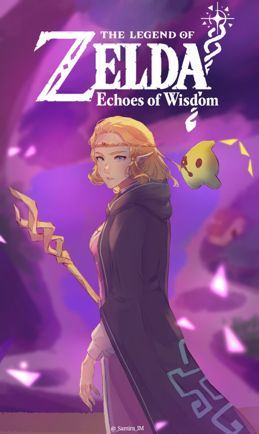 1girl artist_name black_cloak blonde_hair blue_eyes blurry blurry_background circlet cloak depth_of_field dress english_text highres holding holding_staff logo nintendo pointy_ears princess_zelda purple_dress samira_im staff the_legend_of_zelda the_legend_of_zelda:_echoes_of_wisdom tri_(zelda) tri_rod