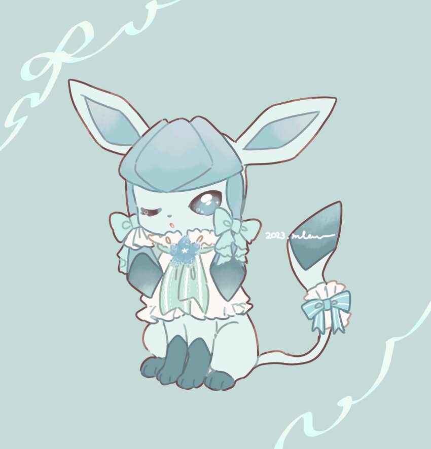 animal_focus blue_eyes blue_hair bow creatures_(company) dated game_freak gen_4_pokemon glaceon hair_bow hair_ornament highres mkt_(buizu-miki) nintendo no_humans one_eye_closed open_mouth pokemon pokemon_(creature) sitting tail tail_bow tail_ornament