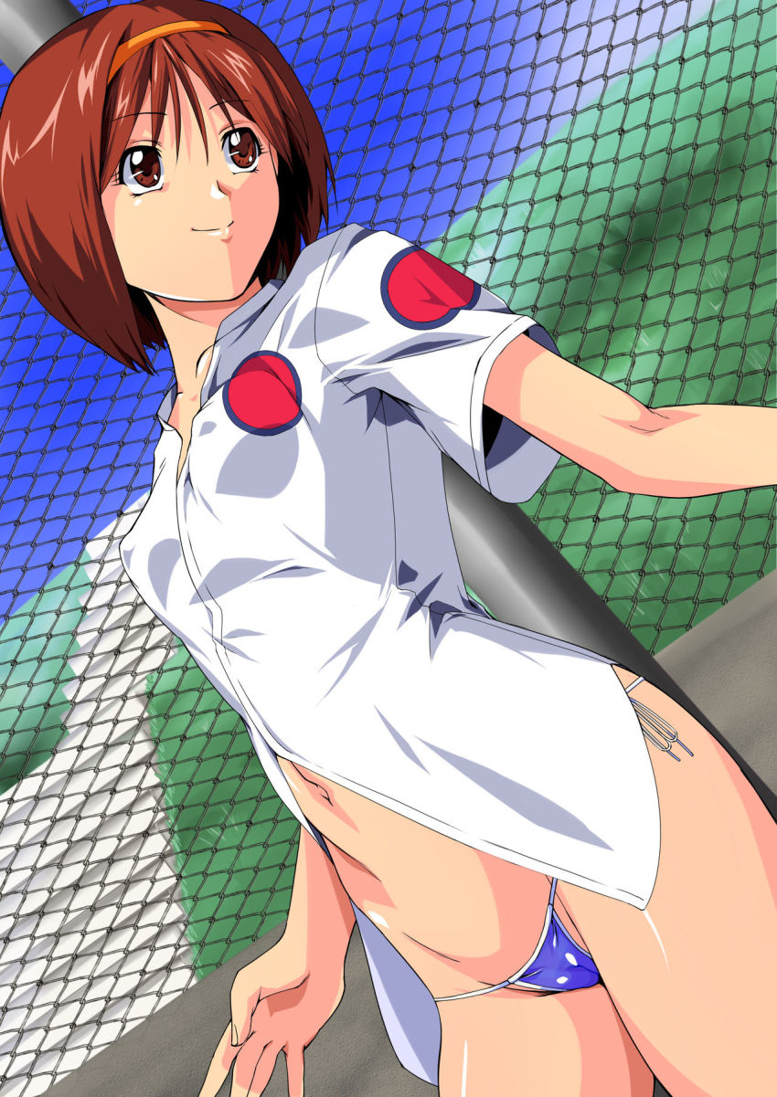 1girl bikini bikini_under_clothes blue_bikini brown_eyes brown_hair hairband highres kayama_tamami navel sakura_na_omiki shirt short_hair super_real_mahjong super_real_mahjong_p6 swimsuit thong_bikini