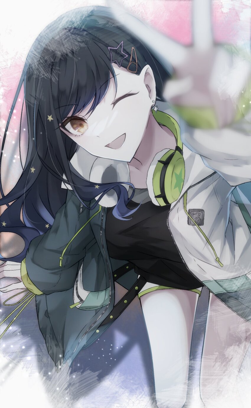 1girl black_hair breasts brown_eyes earrings hair_ornament hairclip headphones headphones_around_neck highres jacket jewelry long_hair looking_at_viewer one_eye_closed open_mouth project_sekai shiraishi_an shorts smile solo star_(symbol) star_hair_ornament yoa428