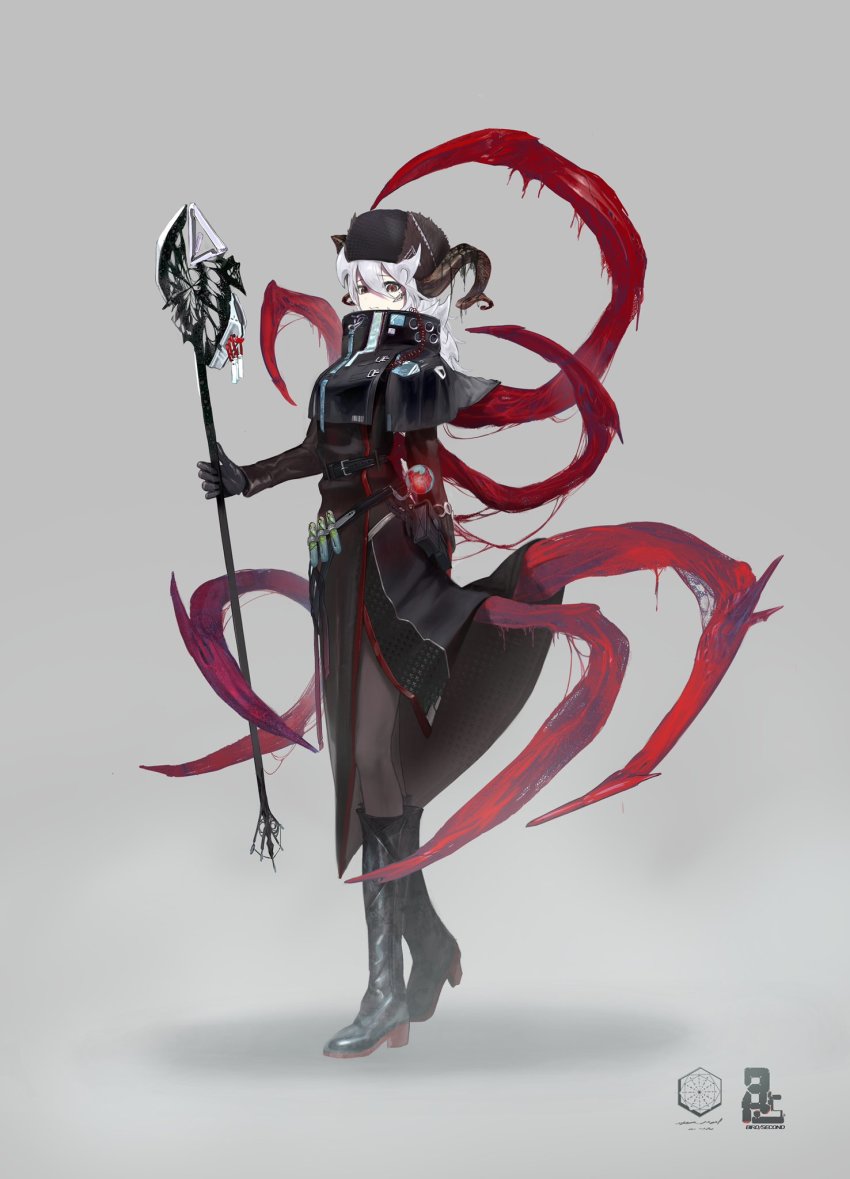 1girl black_coat black_gloves boots brown_eyes coat full_body gloves hair_between_eyes hat highres holding holding_weapon horns long_coat long_hair long_sleeves original pantyhose solo tentacles toriseka vial weapon white_hair