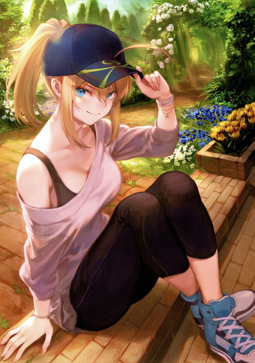 1girl absurdres adjusting_clothes adjusting_headwear ahoge arm_support artoria_pendragon_(fate) baseball_cap blonde_hair blue_eyes breasts collarbone colored_eyelashes fate/grand_order fate_(series) flower full_body hat highres long_hair long_sleeves looking_at_viewer mashuu_(neko_no_oyashiro) medium_breasts mysterious_heroine_x_(fate) mysterious_heroine_xx_(fate) pants ponytail scan sidelocks simple_background sitting smile solo sports_bra tulip watch wristwatch yellow_flower yellow_tulip