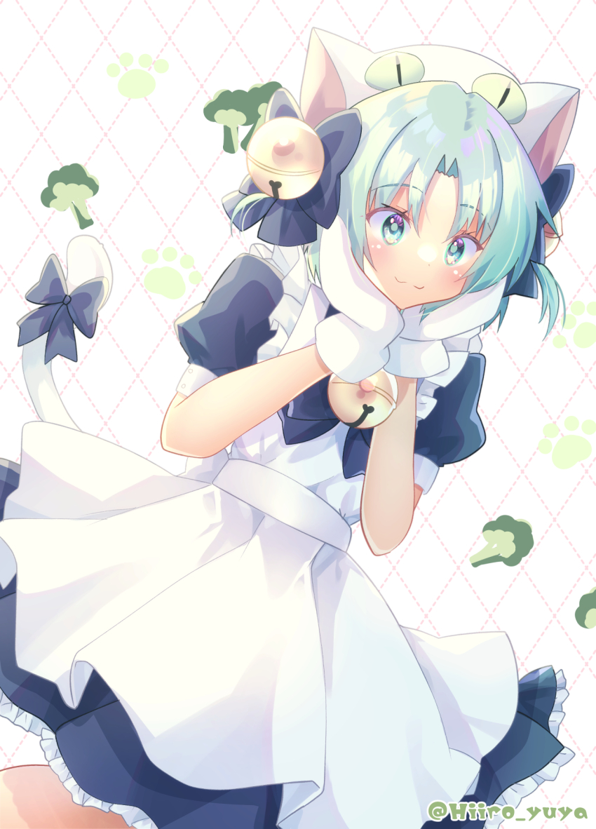 1girl :3 animal_ears animal_hands animal_hat apron artist_name bell bow broccoli cat_ears cat_girl cat_hat cat_tail commentary_request dejiko di_gi_charat dress gloves green_eyes green_hair hair_bell hair_ornament hands_on_own_face hat highres hiiro_yuya jingle_bell looking_at_viewer partial_commentary paw_gloves puffy_short_sleeves puffy_sleeves reiwa_no_di_gi_charat short_hair short_sleeves smile solo tail tail_bow tail_ornament two_side_up