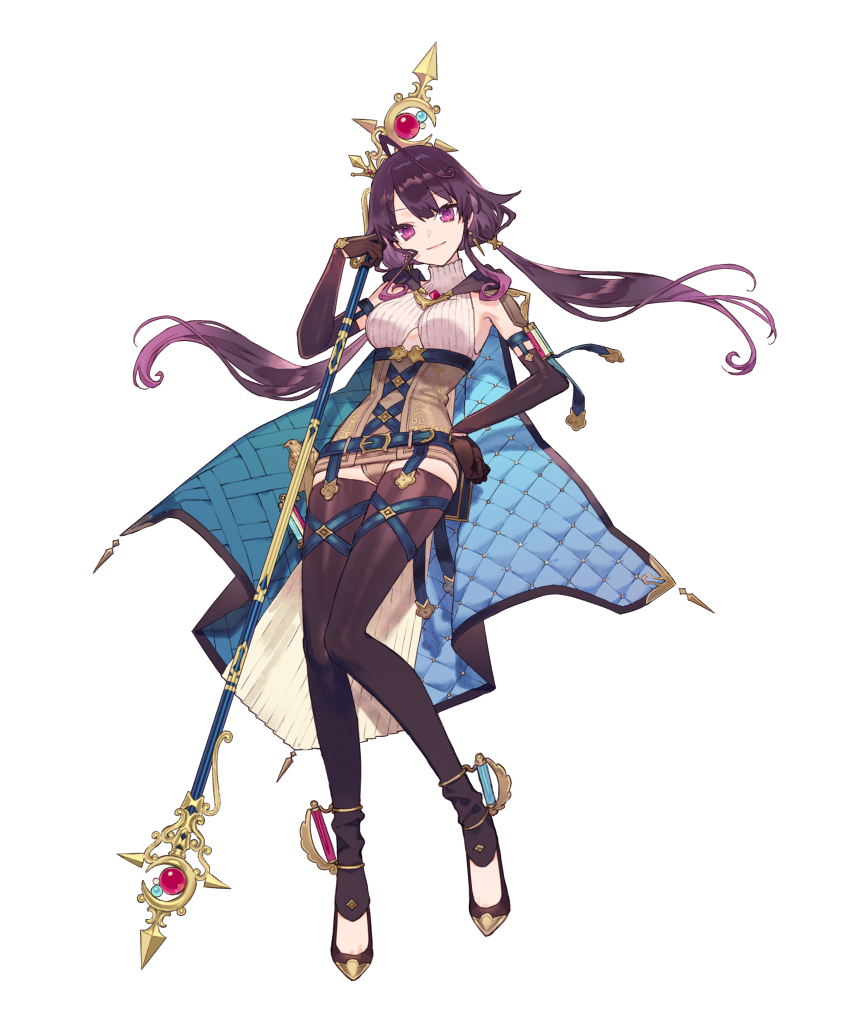 1girl absurdres ahoge atelier_(series) atelier_sophie atelier_sophie_2 belt blue_belt blue_cape breasts brown_gloves cape closed_mouth elbow_gloves full_body gloves hand_on_own_hip hand_up highres holding holding_staff leotard long_hair looking_at_viewer low_twintails medium_breasts noco_(adamas) official_art purple_eyes ramizel_erlenmeyer second-party_source simple_background smile solo staff twintails very_long_hair white_background