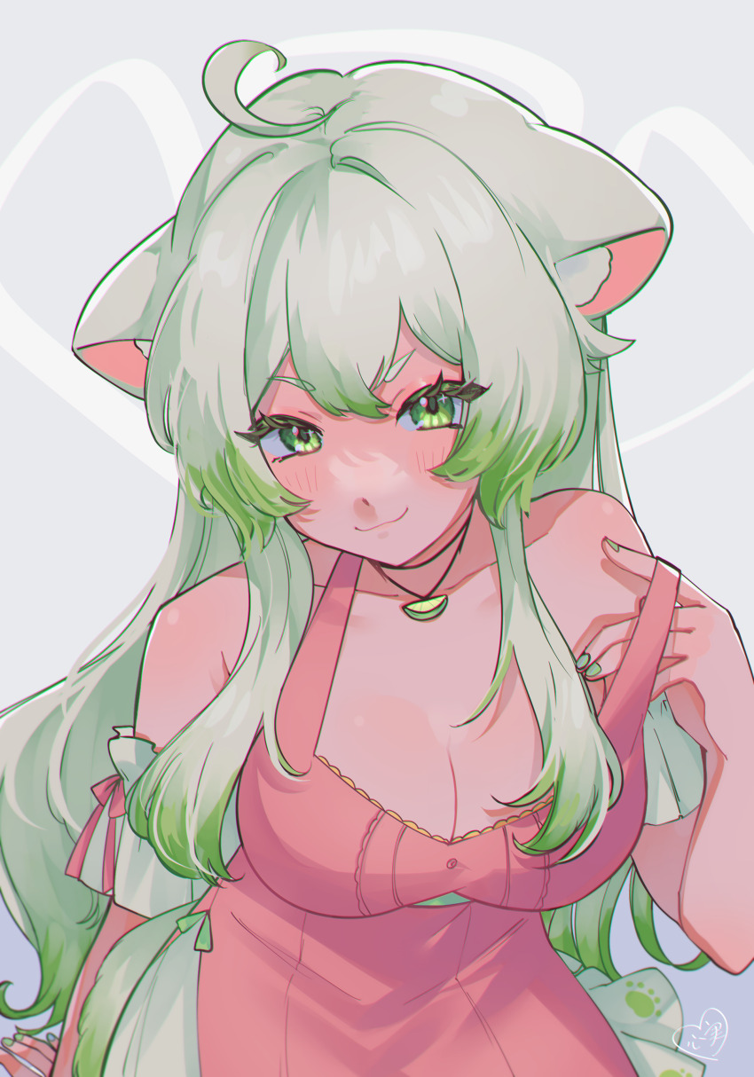 1girl absurdres ahoge animal_ears bare_shoulders breasts cleavage closed_mouth commentary dress english_commentary ferret_ears ferret_girl gradient_hair green_eyes green_hair green_nails highres indie_virtual_youtuber kokomi_(aniesuakkaman) laimu_(vtuber) lime_necklace long_hair looking_at_viewer medium_breasts multicolored_hair pink_dress sidelocks smile solo strap_slip virtual_youtuber white_hair