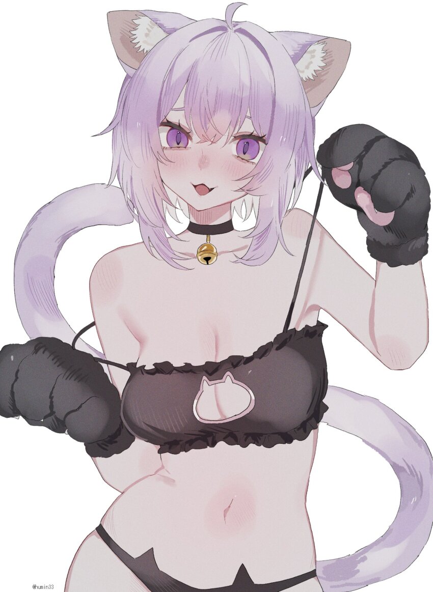 alternate_costume animal_ear_fluff animal_ears bare_shoulders bikini black_bikini blush breasts cat_cutout cat_ears cat_girl cat_tail cleavage cleavage_cutout clothing_cutout cowboy_shot highres hololive large_breasts mofumin navel nekomata_okayu purple_eyes purple_hair purple_tail simple_background swimsuit tail virtual_youtuber white_background