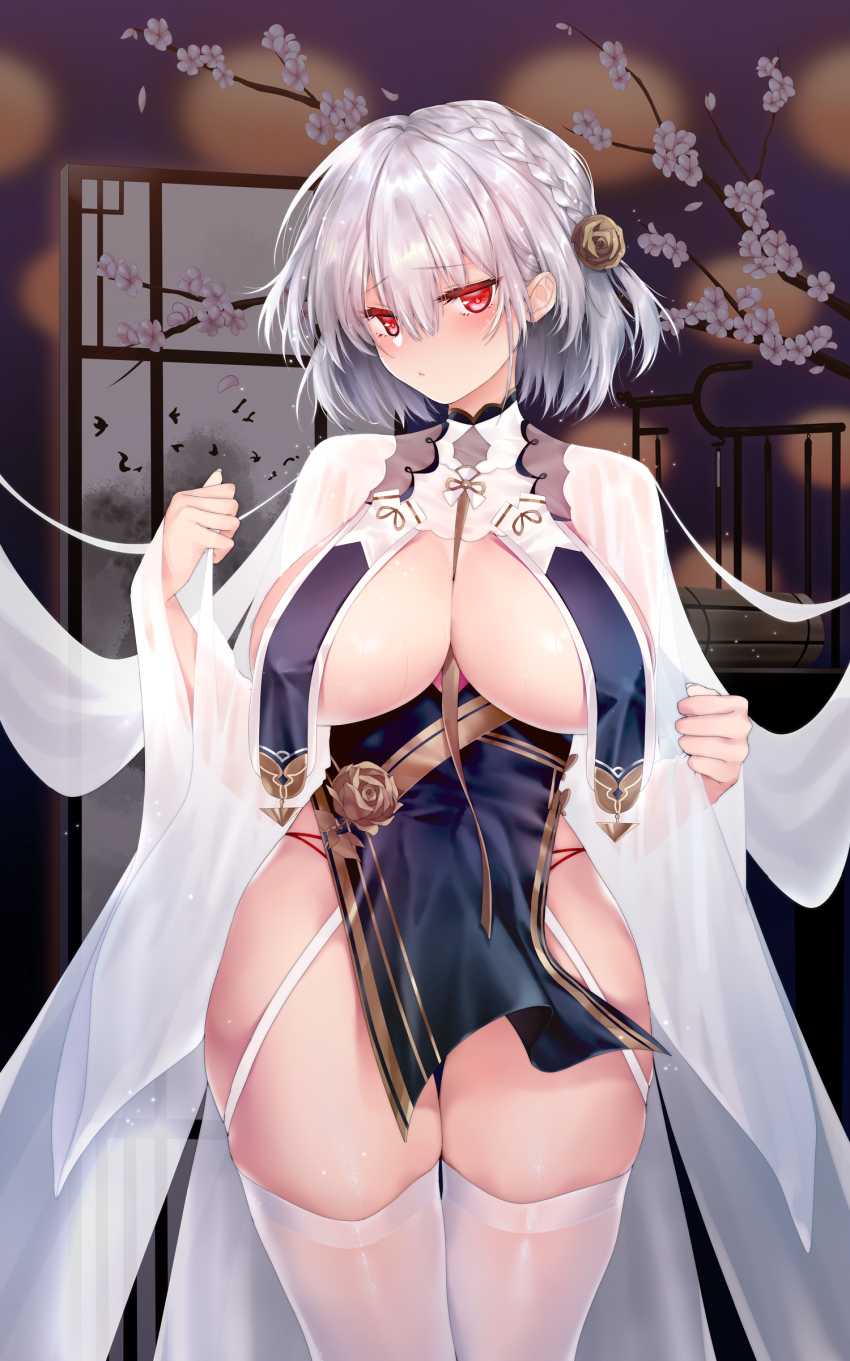 1girl absurdres azur_lane blush braid branch breast_curtains breasts cherry_blossoms china_dress chinese_clothes cleavage closed_mouth commentary_request dress flower garter_straps gloves grey_dress hair_flower hair_ornament half_gloves highres large_breasts looking_at_viewer obiwan official_alternate_costume pelvic_curtain red_eyes revealing_clothes ribbon_between_breasts short_hair side_braid side_slit sideboob sirius_(azur_lane) sirius_(azure_horizons)_(azur_lane) solo thighhighs thighs weisuoxin white_gloves white_hair white_thighhighs