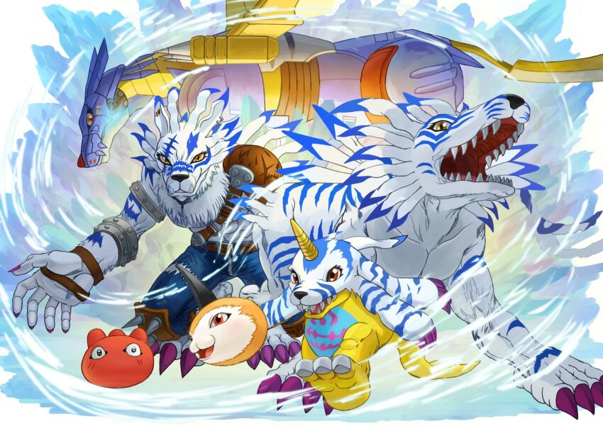 digimon digimon_(creature) digimon_adventure evolutionary_line gabumon garurumon horns looking_at_viewer metalgarurumon punimon red_eyes tail tunomon weregarurumon wolf