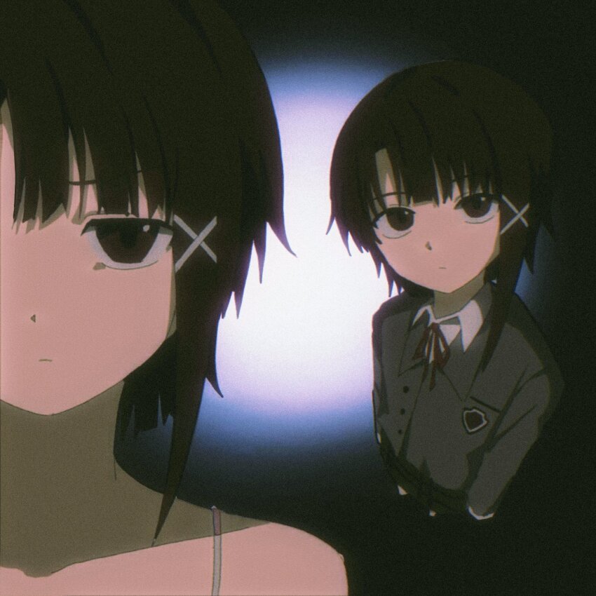 1girl asymmetrical_hair brown_eyes brown_hair buttons camisole closed_mouth coat collared_shirt hair_ornament hairpin highres iwakura_lain poopoopoppopoo ribbon school_uniform serial_experiments_lain shirt white_camisole x_hair_ornament