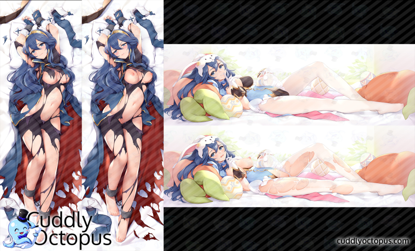 1girl animal_hat arms_up blue_eyes blue_hair blush breasts commentary_request cuddly_octopus cuffs dakimakura_(medium) fingerless_gloves fire_emblem fire_emblem_awakening fire_emblem_heroes gloves hair_spread_out hat highres kyuri_tizu long_hair looking_at_viewer lucina_(fire_emblem) lucina_(spring_exalt)_(fire_emblem) lying medium_breasts multiple_views navel nintendo nipples official_alternate_costume on_back pantyhose pillow pussy rabbit_hat stomach torn_clothes torn_legwear uncensored watermark wavy_hair web_address white_pantyhose wrist_cuffs