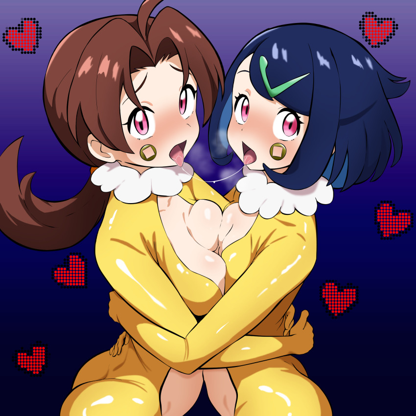 2girls after_kiss ahoge alternate_costume alternate_eye_color black_hair blush bodysuit breast_press breasts brown_hair collarbone colored_inner_hair commentary_request cosplay cowlick creatures_(company) delia_ketchum eyelashes fur_collar game_freak gen_1_pokemon gradient_background hair_ornament hairclip heart highres hug hypno hypno_(cosplay) liko_(pokemon) long_hair looking_up mind_control multicolored_hair multiple_girls nintendo open_mouth pink_eyes pokemon pokemon_(anime) pokemon_(classic_anime) pokemon_horizons ponytail raised_eyebrows saliva saliva_trail swept_bangs symmetrical_docking textless_version tonbi_(enbitonbi) tongue tongue_out yellow_bodysuit yuri