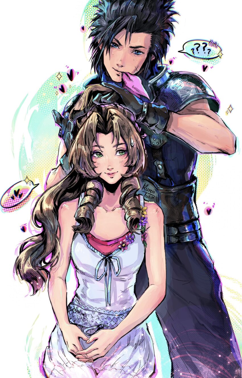 1boy 1girl ? aerith_gainsborough armor baggy_pants bare_arms bare_shoulders black_gloves black_hair blue_eyes brown_hair closed_mouth collarbone couple crisis_core_final_fantasy_vii cross_scar dress drill_hair drill_sidelocks facial_scar feet_out_of_frame final_fantasy final_fantasy_vii gloves green_eyes heart highres holding_another&#039;s_hair kuroiitulip light_blush long_hair looking_at_another mouth_hold pants parted_bangs pink_ribbon ribbon ribbon_in_mouth scar scar_on_cheek scar_on_face shoulder_armor sidelocks sitting sleeveless sleeveless_turtleneck smile sparkle spiked_hair spoken_heart spoken_question_mark standing sweatdrop sweater turtleneck turtleneck_sweater tying_another&#039;s_hair white_dress zack_fair