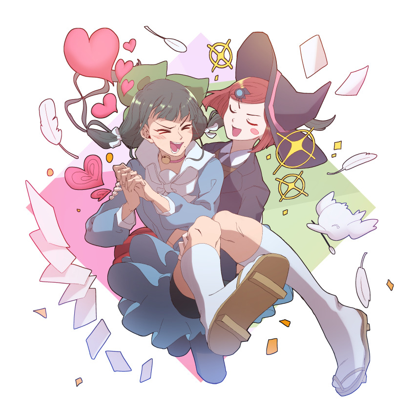 &gt;_&lt; 2girls absurdres bell bird black_hair black_hat black_jacket blue_shirt blue_skirt blush blush_stickers chabashira_tenko closed_eyes collared_shirt commentary_request danganronpa_(series) danganronpa_v3:_killing_harmony feathers geta green_ribbon hair_ribbon hat heart highres jacket long_hair mole mole_under_mouth multiple_girls neck_bell open_mouth own_hands_together paper red_hair ribbon sandals school_uniform serafuku shirt short_hair skirt smile socks sparkle teeth white_feathers white_ribbon white_socks witch_hat yogurt904 yumeno_himiko yuri