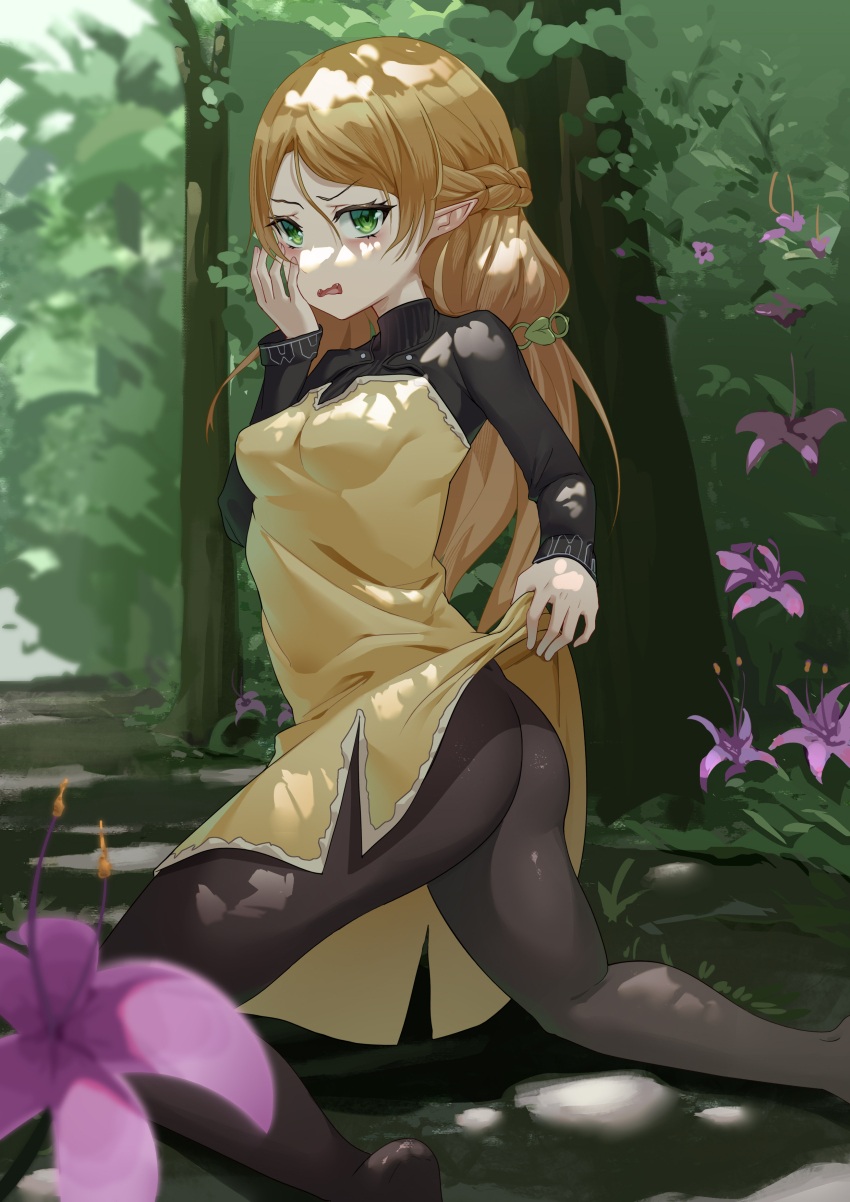 1girl absurdres ass black_pantyhose blush braid breasts clothes_lift dress dress_lift elf embarrassed feet_out_of_frame flower green_eyes hair_between_eyes hair_ornament hand_on_own_face highres isekai_ojisan kneeling lifting_own_clothes long_hair long_sleeves looking_at_viewer medium_breasts no_panties open_mouth orange_hair outdoors pantyhose parted_bangs pointy_ears purple_flower short_dress shuijiaojun solo sui_(isekai_ojisan) tree turtleneck very_long_hair yellow_dress