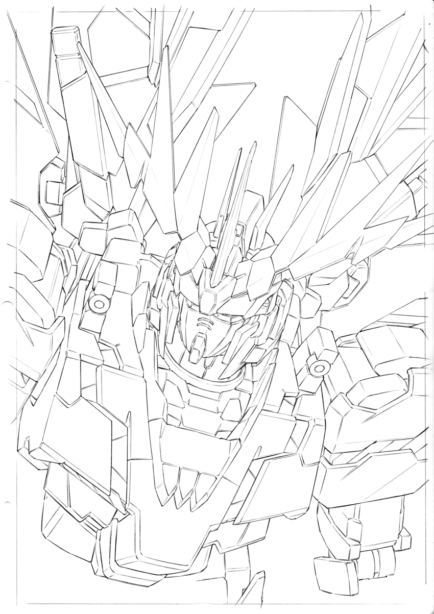 artist_request commentary_request greyscale gundam gundam_unicorn highres lineart looking_away mecha monochrome no_humans nt-d robot unicorn_gundam_banshee upper_body white_background