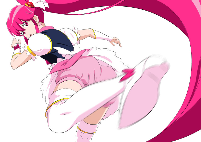 1girl absurdly_long_hair ass black_vest boots cure_lovely detached_sleeves floating_hair fuchi_(nightmare) hair_between_eyes happinesscharge_precure! high_heel_boots high_heels long_hair miniskirt motion_blur open_mouth pink_shorts ponytail precure red_eyes red_hair shirt short_shorts short_sleeves shorts shorts_under_skirt simple_background skirt solo thigh_boots thighhighs very_long_hair vest white_background white_boots white_shirt white_skirt white_sleeves zettai_ryouiki