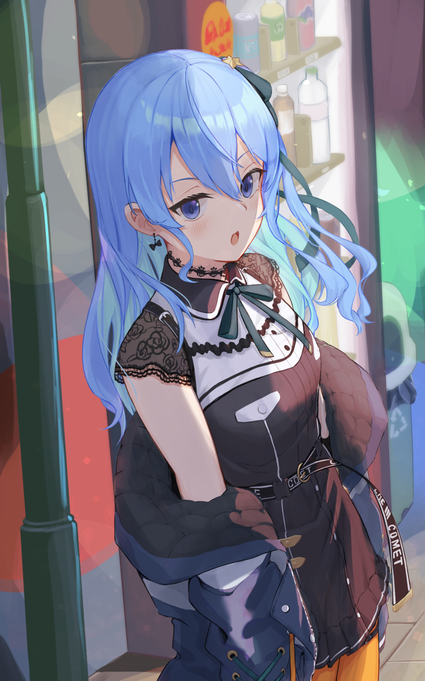 1girl arrow_(symbol) belt black_hair blue_coat blue_eyes blue_hair bottle bow bow_earrings can choker coat cowboy_shot day drink_can earrings eyelashes floral_print highres hololive hoshimachi_suisei hoshimachi_suisei_(casual) jewelry jieqie lace lace-trimmed_sleeves lace_choker lace_trim lamppost long_hair looking_at_viewer no_headwear off-shoulder_coat off_shoulder open_mouth orange_pantyhose outdoors padded_coat pantyhose recycle_bin recycling_symbol sidewalk soda_can solo thighs vending_machine virtual_youtuber wavy_hair winter_clothes winter_coat