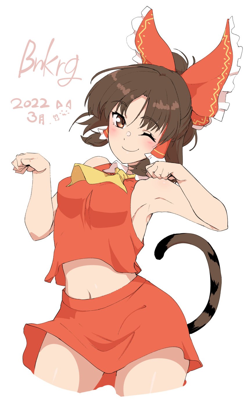 1girl absurdres ascot benikurage_(cookie) blush bow breasts brown_eyes brown_hair cat_tail character_name closed_mouth commentary_request cookie_(touhou) cowboy_shot dated frilled_bow frilled_hair_tubes frills hair_bow hair_tubes hakurei_reimu highres looking_at_viewer medium_breasts midriff navel one_eye_closed parted_bangs paw_pose red_bow red_shirt red_skirt remote_controller_4 shirt sideboob sidelocks simple_background skirt skirt_set sleeveless sleeveless_shirt smile solo tail touhou white_background yellow_ascot