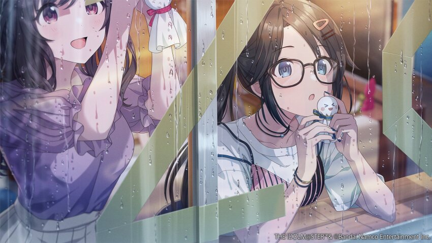 2girls black_hair blue_eyes blue_nails brown_hair commentary_request glasses hair_ornament hairclip highres idolmaster idolmaster_shiny_colors idolmaster_shiny_colors_song_for_prism jewelry long_hair mitsumine_yuika multiple_girls necklace official_art purple_eyes rain shirt short_sleeves solo_focus teruterubouzu tsukioka_kogane twintails wet white_shirt window