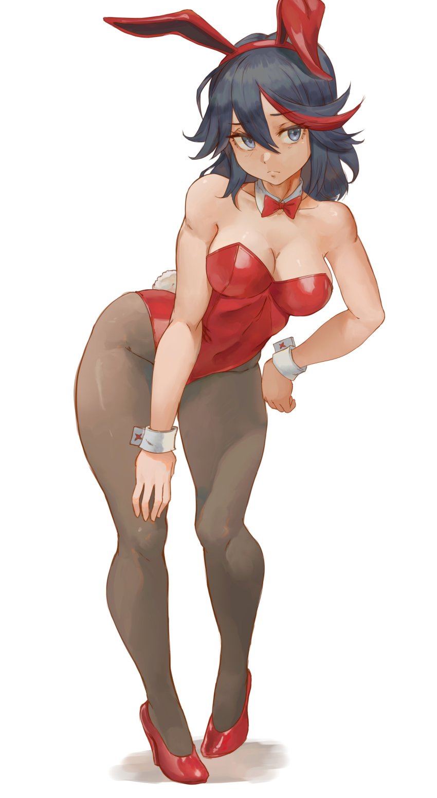 1girl absurdres alterlesott animal_ears bare_shoulders black_hair blue_eyes bow bowtie breasts brown_pantyhose cleavage closed_mouth detached_collar fake_animal_ears full_body hair_between_eyes hand_on_own_hip highres kill_la_kill large_breasts leotard matoi_ryuuko multicolored_hair pantyhose playboy_bunny rabbit_ears red_footwear red_hair red_leotard shoes short_hair simple_background solo standing streaked_hair white_background