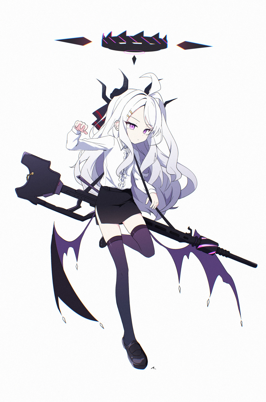 1girl absurdres ahoge black_halo black_skirt black_thighhighs blue_archive blush breasts demon_girl demon_horns demon_wings full_body gun hair_ornament hairclip halo highres hina_(blue_archive) horns kiroshi looking_at_viewer machine_gun mg42 purple_eyes simple_background skirt small_breasts solo thighhighs thighs weapon white_background wings