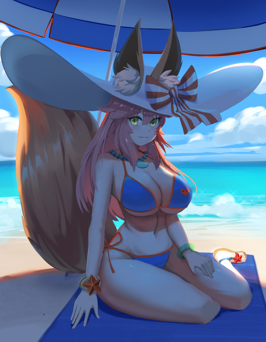 1girl absurdres animal_ear_fluff animal_ears bamboowacker bare_shoulders beach beach_umbrella bikini blue_bikini blue_sky blush bracelet breasts cleavage collarbone fate/grand_order fate_(series) fox_ears fox_girl fox_tail hat highres jewelry large_breasts long_hair looking_at_viewer navel necklace ocean pink_hair sandals shore sidelocks sitting sky smile solo sun_hat swimsuit tail tamamo_(fate) tamamo_no_mae_(fate/extra) tamamo_no_mae_(swimsuit_lancer)_(fate) tamamo_no_mae_(swimsuit_lancer)_(third_ascension)_(fate) thighs umbrella white_hat yellow_eyes