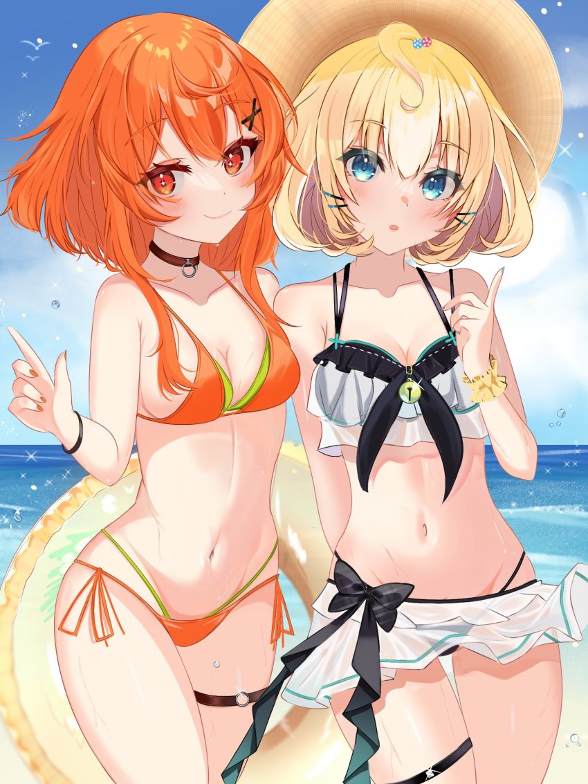 2girls beach bell bikini black_bow blue_eyes blush bow cloud country_connection finger_gun hat highres indie_virtual_youtuber innertube kaheru_(vtuber) looking_at_viewer mark_bm28 millie_parfait multiple_girls nail_polish navel nijisanji nijisanji_en open_mouth orange_bikini orange_eyes orange_hair sky stomach sun_hat swim_ring swimsuit thigh_strap virtual_youtuber white_bikini