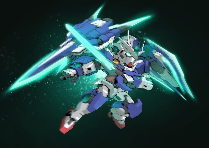 00_qan[t] 00_qan[t]_full_saber absurdres black_background chibi dated_commentary full_body glowing glowing_eyes gn_drive green_eyes gundam gundam_00 gundam_00_a_wakening_of_the_trailblazer highres holding holding_sword holding_weapon light_particles mecha mobile_suit no_humans robot science_fiction sd_gundam shield solo sword v-fin weapon zakuma