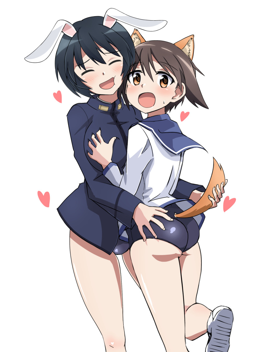 2girls animal_ears ass black_hair blush brave_witches breasts brown_eyes closed_eyes dog_ears dog_tail dress grabbing_another&#039;s_breast groping highres large_breasts looking_back military military_uniform miyafuji_yoshika multiple_girls open_mouth rabbit_ears rabbit_girl sailor_dress shimohara_sadako shiny_clothes shiny_skin short_hair simple_background smile strike_witches swimsuit tail vr46 white_background world_witches_series yuri