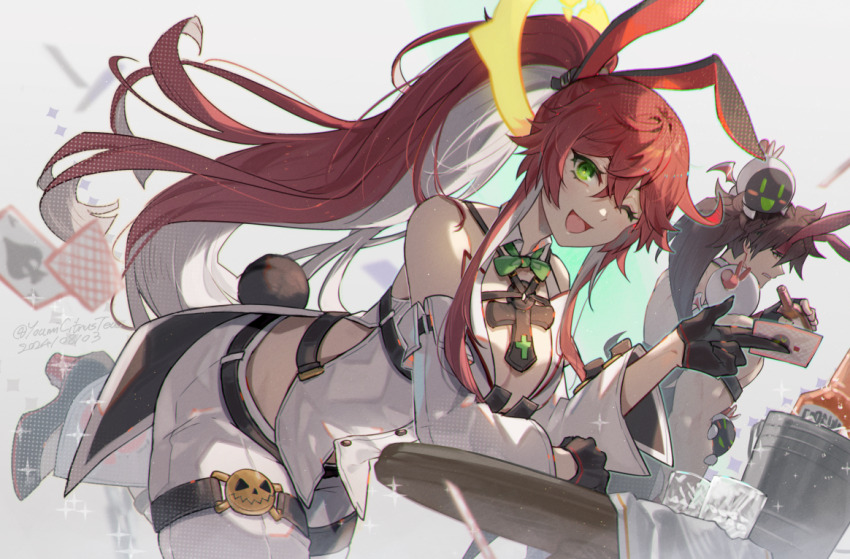 1boy 1girl ace_(playing_card) ace_of_spades animal_ears bare_shoulders bottle breasts card cleavage commentary detached_sleeves fake_animal_ears fake_tail glass green_eyes guilty_gear guilty_gear_strive high_ponytail holding holding_card jack-o&#039;_valentine large_breasts long_hair looking_at_viewer nontraditional_playboy_bunny one_eye_closed pants playing_card rabbit_ears rabbit_tail red_hair sol_badguy solo_focus spade_(shape) symbol-only_commentary tail white_hair white_pants white_sleeves youmicitrustea