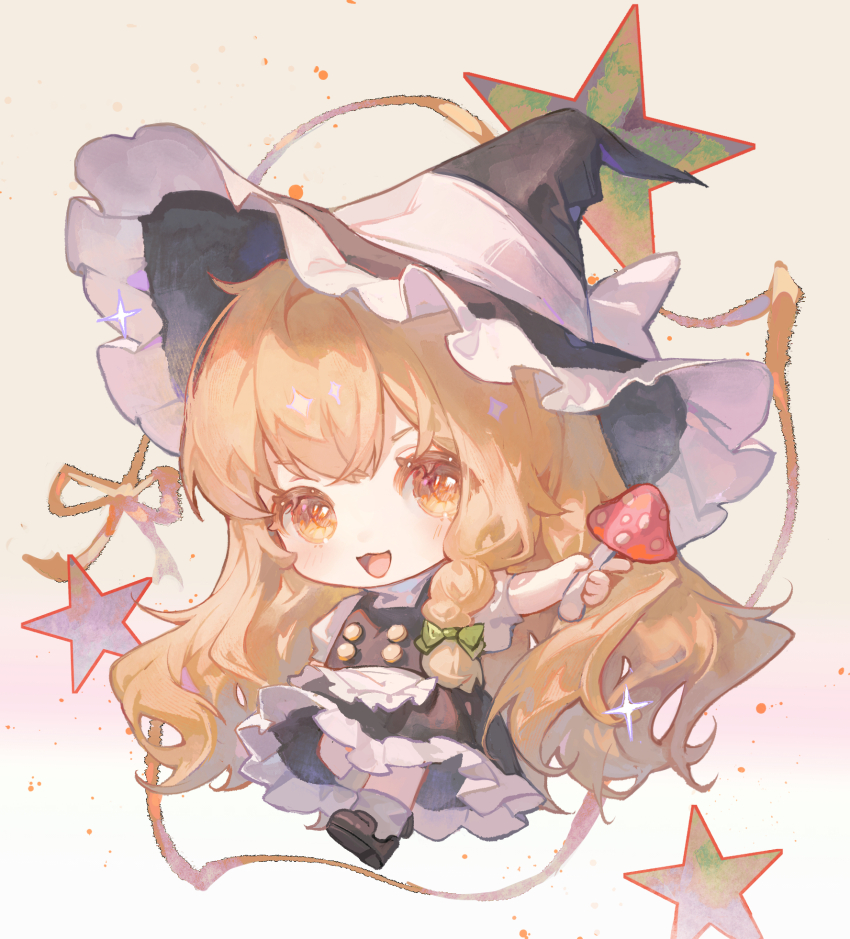 1girl apron black_footwear blonde_hair braid chibi chibi_only frilled_hat frills full_body hat highres holding holding_mushroom kirisame_marisa long_hair looking_at_viewer maccha_(mochancc) mushroom open_mouth orange_eyes side_braid solo star_(symbol) touhou very_long_hair waist_apron witch_hat