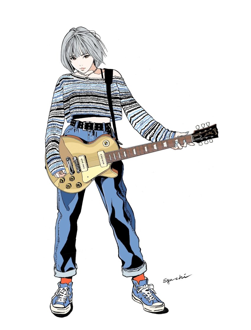 1girl aqua_nails bare_shoulders belt belt_buckle black_belt blue_footwear blue_pants blue_sweater brown_eyes buckle closed_mouth collarbone denim eguchi_hisashi eyelashes full_body grey_hair guitar highres holding holding_guitar holding_instrument instrument jeans jewelry lips long_sleeves looking_at_viewer midriff music necklace orange_socks original pants pink_lips playing_guitar playing_instrument shoelaces shoes short_hair signature simple_background sneakers socks solo standing sweater thick_lips white_background