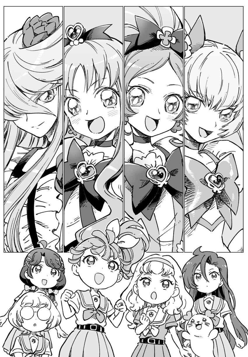 6+girls belt blouse bow bowtie brooch chibi choker closed_mouth collarbone crossover cure_blossom cure_marine cure_moonlight cure_sunshine dress earrings eyelashes flat_chest flower_earrings glasses greyscale hair_between_eyes hair_bow hair_over_one_eye hanasaki_tsubomi heart heart_brooch heartcatch_precure! high_ponytail highres ichinose_minori in-franchise_crossover jewelry kurumi_erika kururun_(precure) laura_la_mer long_hair looking_up low_twintails magical_girl monochrome multiple_girls myoudouin_itsuki natsuumi_manatsu neckerchief open_mouth parted_bangs pleated_skirt ponytail precure puffy_short_sleeves puffy_sleeves sailor_collar school_uniform seal_(animal) serafuku sharumon shirt short_hair short_sleeves skirt smile suzumura_sango takizawa_asuka tareme tropical-rouge!_precure tsukikage_yuri tsurime twintails