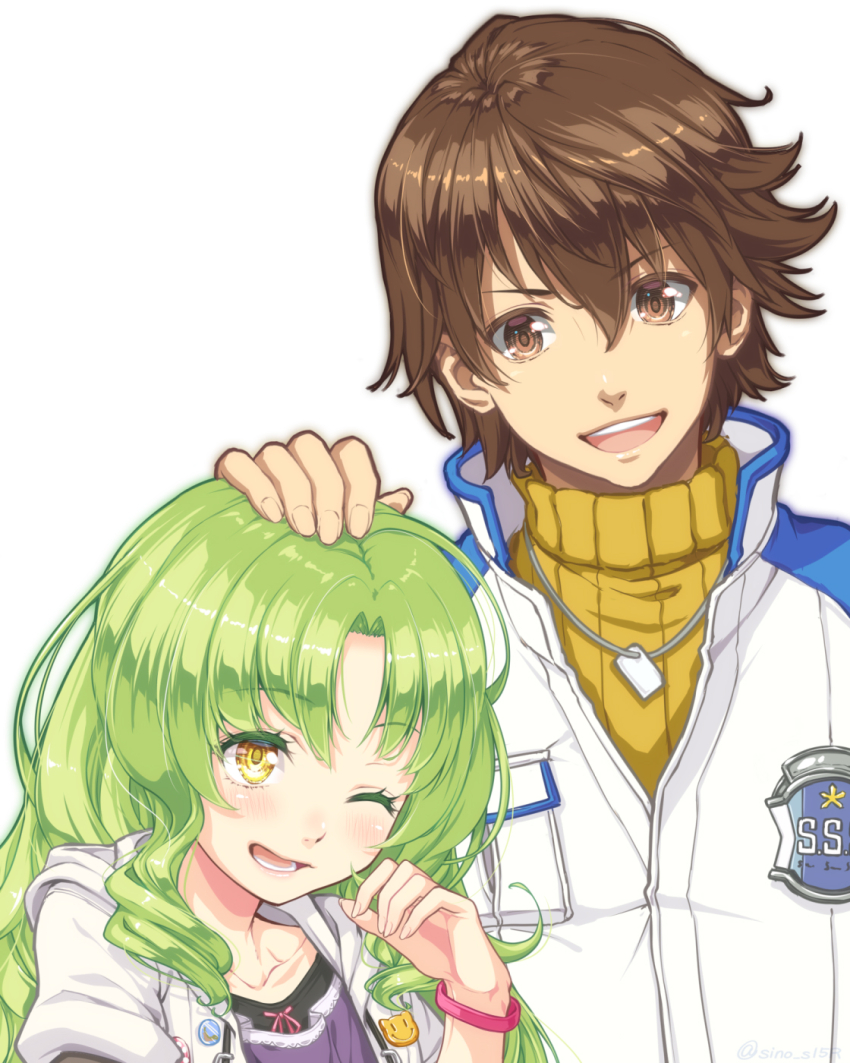 1boy 1girl :d brown_eyes brown_hair commentary_request curtained_hair eiyuu_densetsu green_hair hair_between_eyes headpat high_collar highres jacket jewelry kea_(eiyuu_densetsu) lloyd_bannings long_hair masaki_shino medium_hair necklace one_eye_closed open_mouth simple_background smile sweater teeth turtleneck turtleneck_sweater upper_teeth_only white_background white_jacket yellow_eyes yellow_sweater zero_no_kiseki