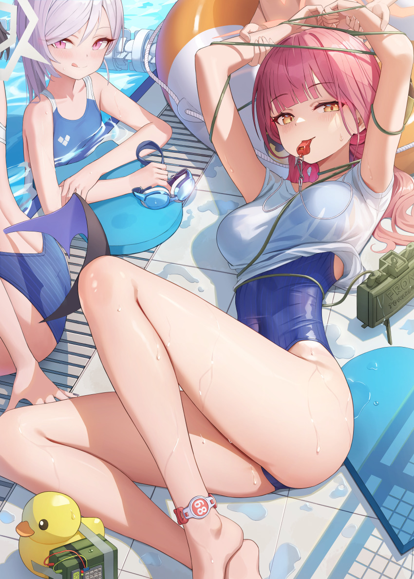 1other 3girls absurdres aru_(blue_archive) ass bare_arms bare_legs bare_shoulders barefoot blue_archive blue_one-piece_swimsuit blush bomb breasts closed_mouth demon_wings explosive fingernails goggles grey_hair grey_halo halo hamstarhand highres kayoko_(blue_archive) large_breasts lifebuoy long_hair looking_at_viewer multiple_girls mutsuki_(blue_archive) one-piece_swimsuit partially_submerged pink_eyes pink_hair pink_halo pool purple_wings rubber_duck single_wing small_breasts smile swim_ring swimsuit tongue tongue_out unworn_eyewear water wet whistle whistle_around_neck wings yellow_eyes