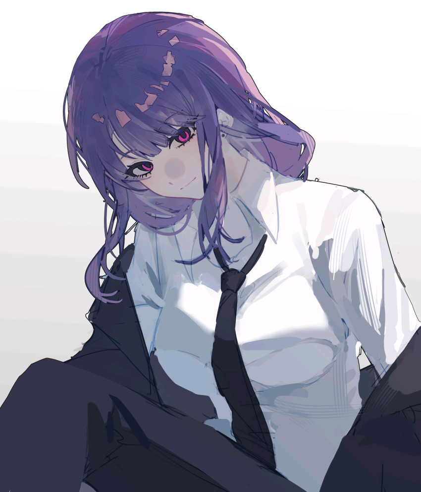 1girl absurdres black_jacket black_necktie black_pants black_suit blunt_bangs braid cdzrc collared_shirt contemporary earrings formal_clothes genshin_impact head_tilt highres jacket jewelry light_smile long_hair long_sleeves looking_at_viewer necktie open_clothes open_jacket pants purple_eyes purple_hair raiden_shogun shirt simple_background single_braid single_earring solo suit white_background white_shirt