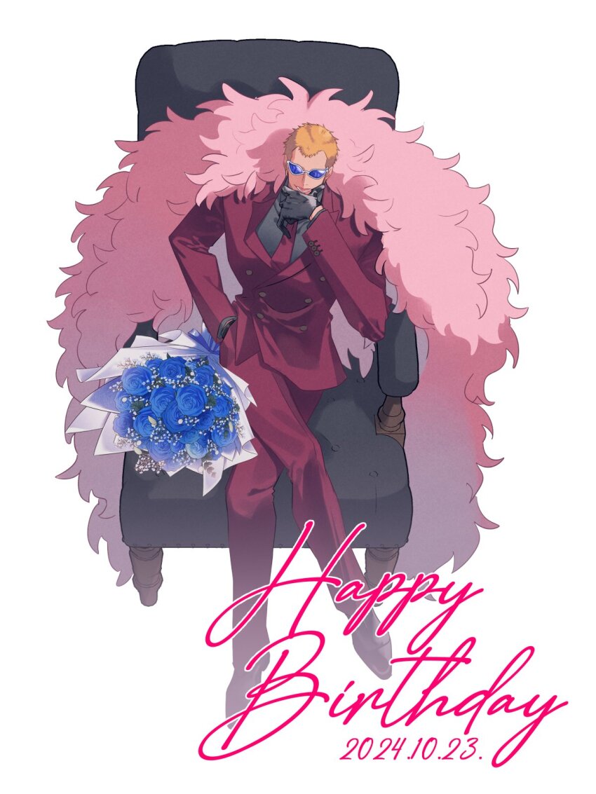 1boy 2024 anne_(taos323) black_gloves black_shirt blonde_hair blue-tinted_eyewear blue_flower blue_rose bouquet coat crossed_legs dated donquixote_doflamingo earrings english_text flower formal_clothes gloves hand_in_pocket happy_birthday highres jewelry male_focus necktie on_chair one_piece open_mouth pink_coat red_necktie red_suit rose shirt short_hair simple_background sitting smile suit sunglasses tinted_eyewear white_background