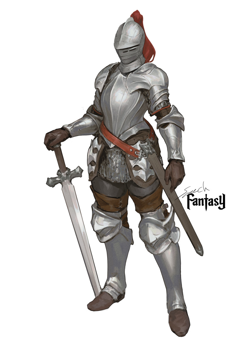 1girl absurdres armor artist_name brown_gloves full_body gloves helm helmet highres knight plate_armor sheath simple_background solo sonech standing sword weapon white_background