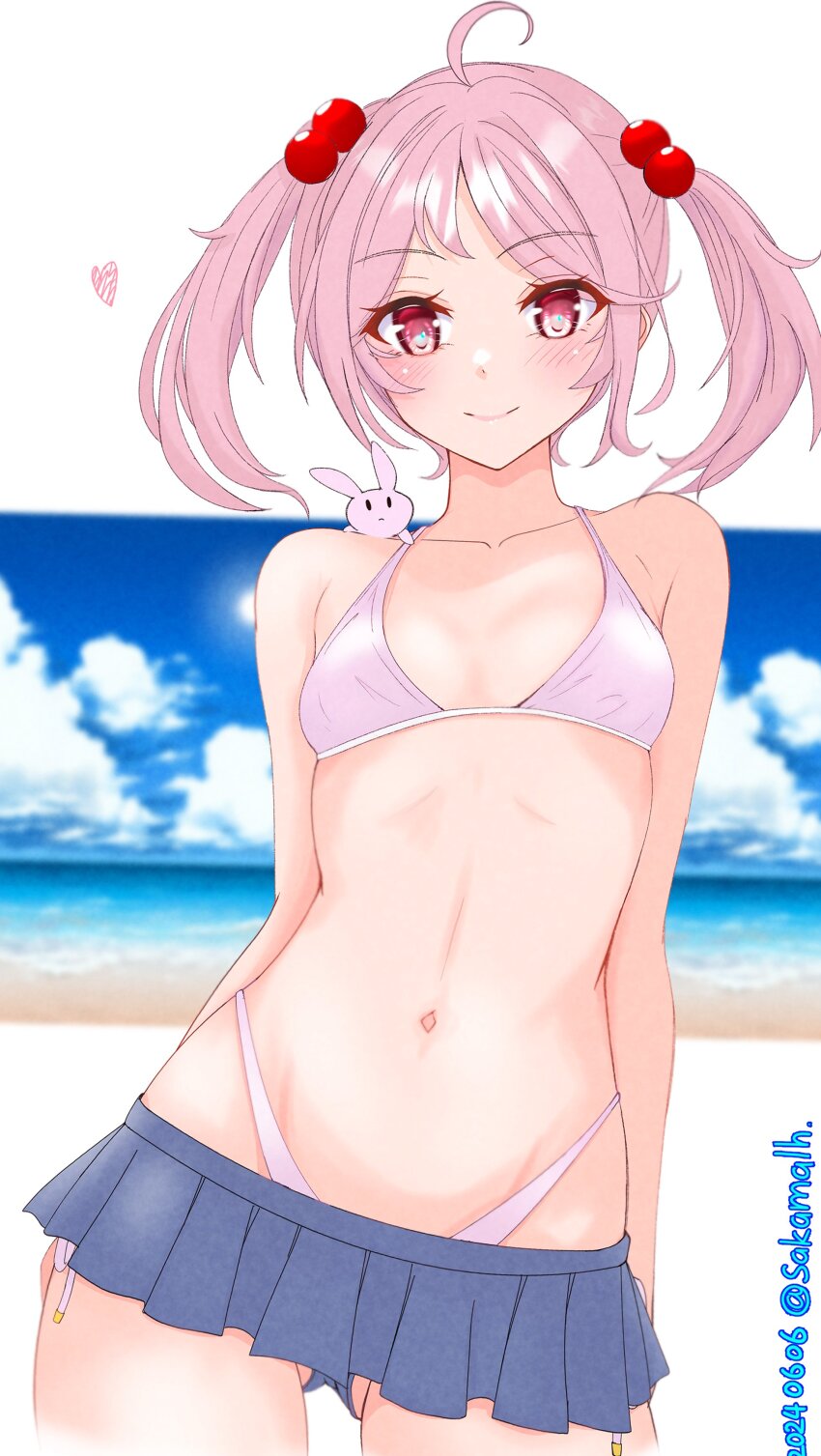 1girl absurdres ahoge beach bikini blue_skirt blue_sky breasts cloud cowboy_shot hair_bobbles hair_ornament highleg highleg_bikini highres horizon kantai_collection looking_at_viewer microskirt navel nitamako_(sakamalh) ocean one-hour_drawing_challenge pink_eyes pink_hair pleated_skirt rabbit_on_shoulder sazanami_(kancolle) short_hair side-tie_bikini_bottom skirt sky small_breasts solo swimsuit twintails twitter_username white_bikini