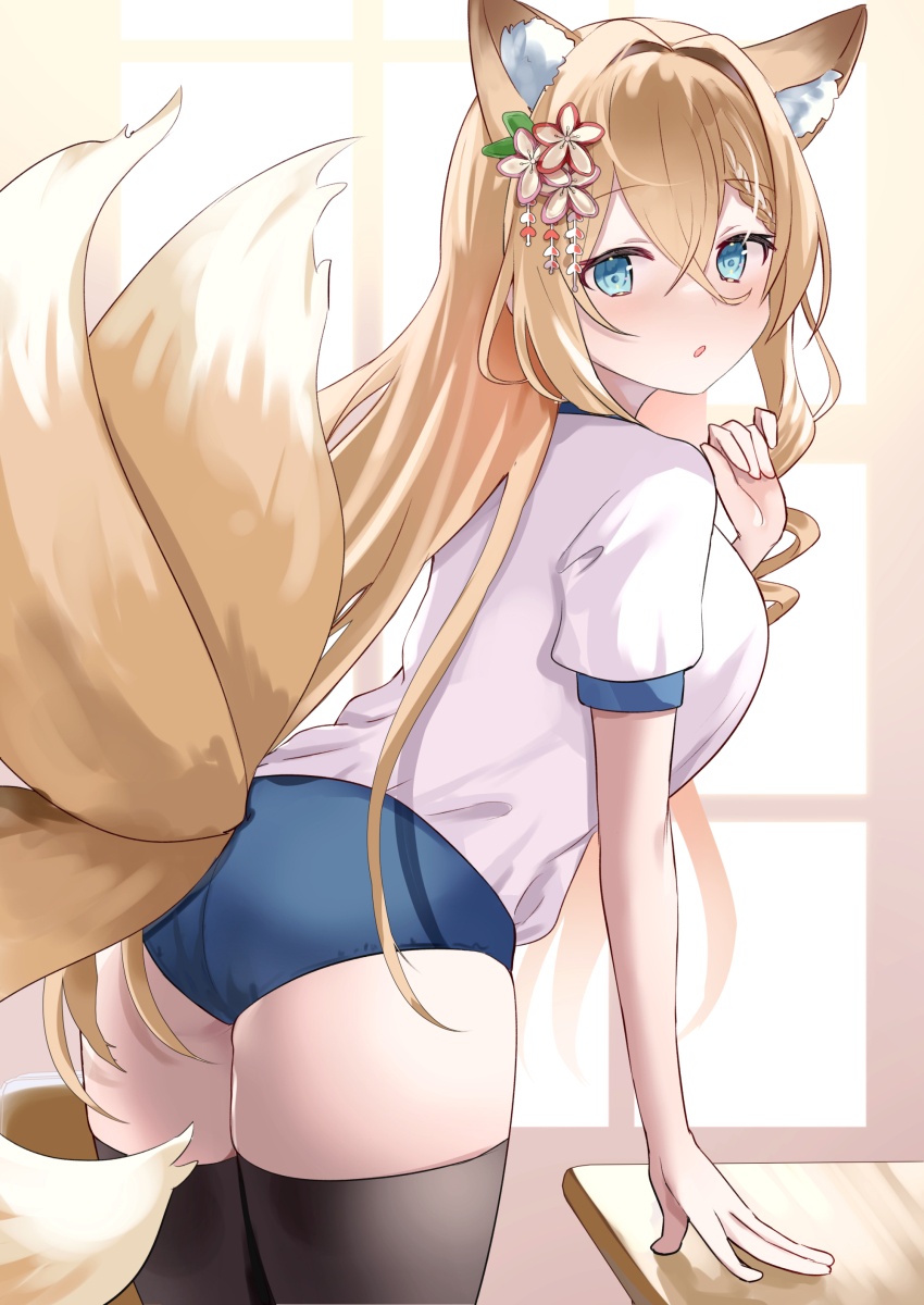 1girl absurdres animal_ear_fluff animal_ears ass black_thighhighs blonde_hair blue_buruma blue_eyes braid breasts buruma chiune_(yachi) commission flower fox_ears fox_girl fox_tail gym_uniform hair_between_eyes hair_flower hair_ornament highres indie_virtual_youtuber kitsune koromo_naruru long_hair multiple_tails shirt skeb_commission solo tail thighhighs underwear virtual_youtuber white_shirt