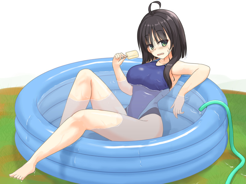 1girl ahoge bare_arms bare_legs barefoot bathing black_hair blush breasts collarbone commentary_request competition_swimsuit curvy embarrassed food full_body grass green_eyes hair_between_eyes hair_over_shoulder hand_up highleg highleg_one-piece_swimsuit highres hitachi_mako holding holding_food holding_popsicle hose knee_up large_breasts leaning_back looking_at_viewer nose_blush one-piece_swimsuit open_mouth outdoors popsicle relaxing senren_banka shirayamakoma short_hair_with_long_locks simple_background sitting solo straight_hair sweatdrop swimsuit thighs toes tsurime wading_pool water wavy_mouth wet wet_clothes wet_swimsuit white_background