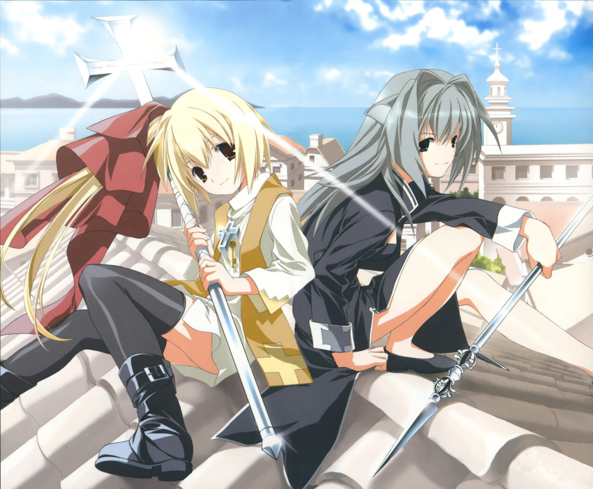 2girls animal_ears aqua_eyes blonde_hair boots brown_eyes building cloud cross day highres latin_cross long_hair miyashita_miki multiple_girls pixy_gale rooftop short_hair sitting sky thighhighs tower watarai_rikano yan_loulei