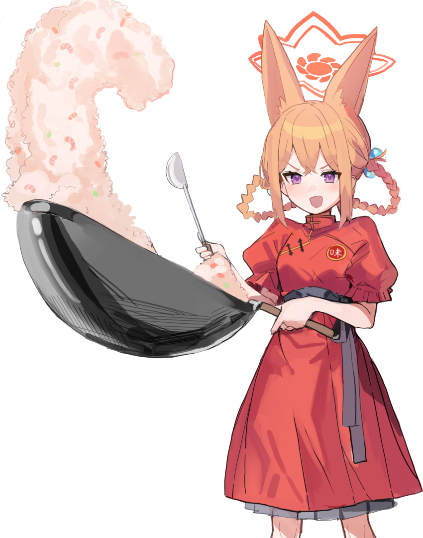 1girl absurdres animal_ears blue_archive braid chinese_clothes cooking dress fox_ears ggab0621 highres holding holding_ladle holding_pan ladle orange_hair purple_eyes red_dress rumi_(blue_archive) rumi_(small)_(blue_archive) twin_braids